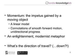 • Momentum: the impetus gained by a
  moving object
  – A linear model
  – Connotations of smooth forward motion,
    unid...