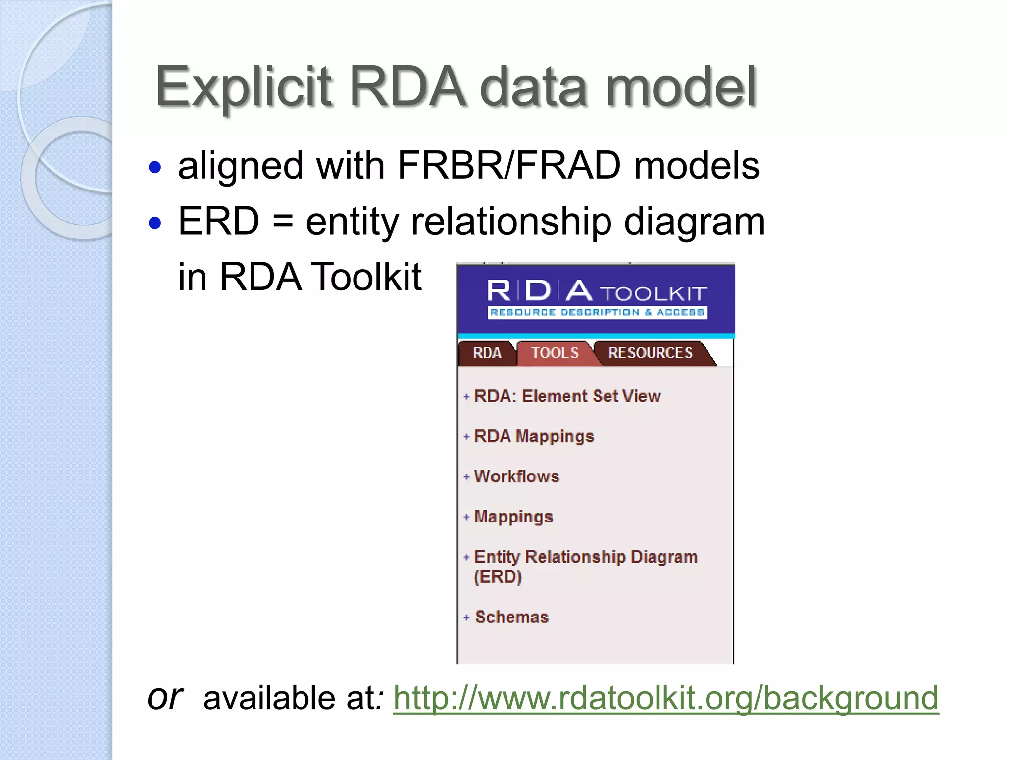 Explicit RDA data model
 aligned with FRBR/FRAD models
 ERD = entity relationship diagram
in RDA Toolkit
or available at: http://www.rdatoolkit.org/background
 