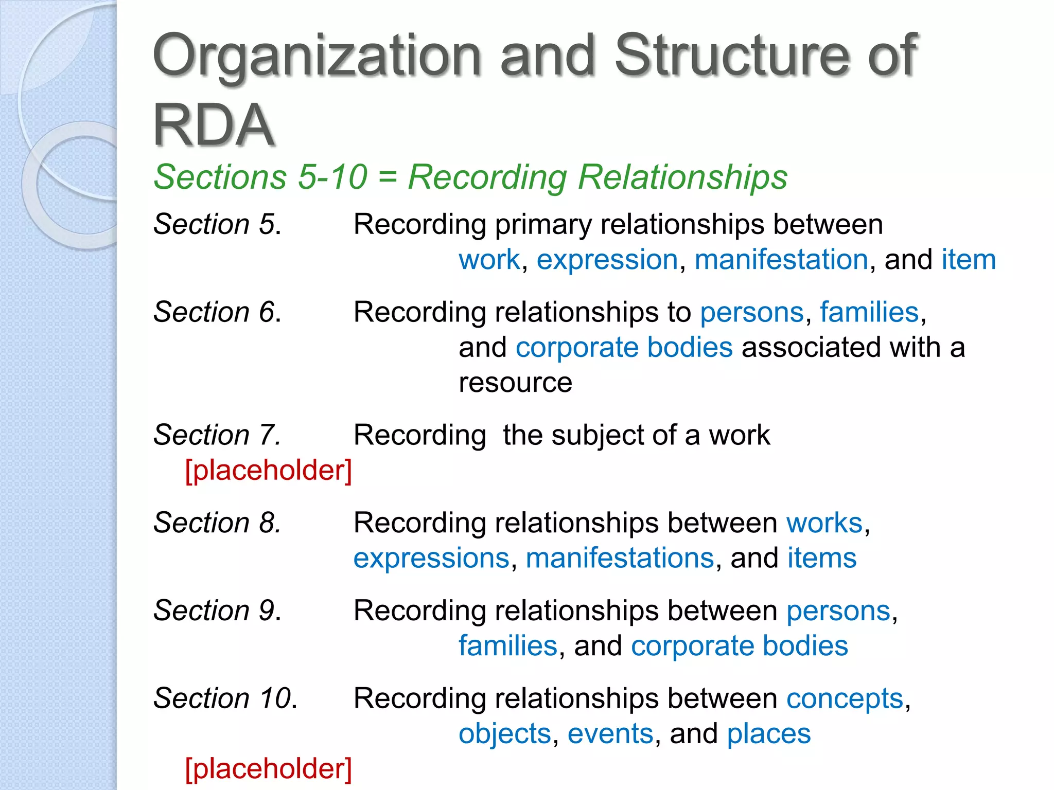 Organization and Structure of
RDA
Sections 5-10 = Recording Relationships
Section 5. Recording primary relationships between
work, expression, manifestation, and item
Section 6. Recording relationships to persons, families,
and corporate bodies associated with a
resource
Section 7. Recording the subject of a work
[placeholder]
Section 8. Recording relationships between works,
expressions, manifestations, and items
Section 9. Recording relationships between persons,
families, and corporate bodies
Section 10. Recording relationships between concepts,
objects, events, and places
[placeholder]
 