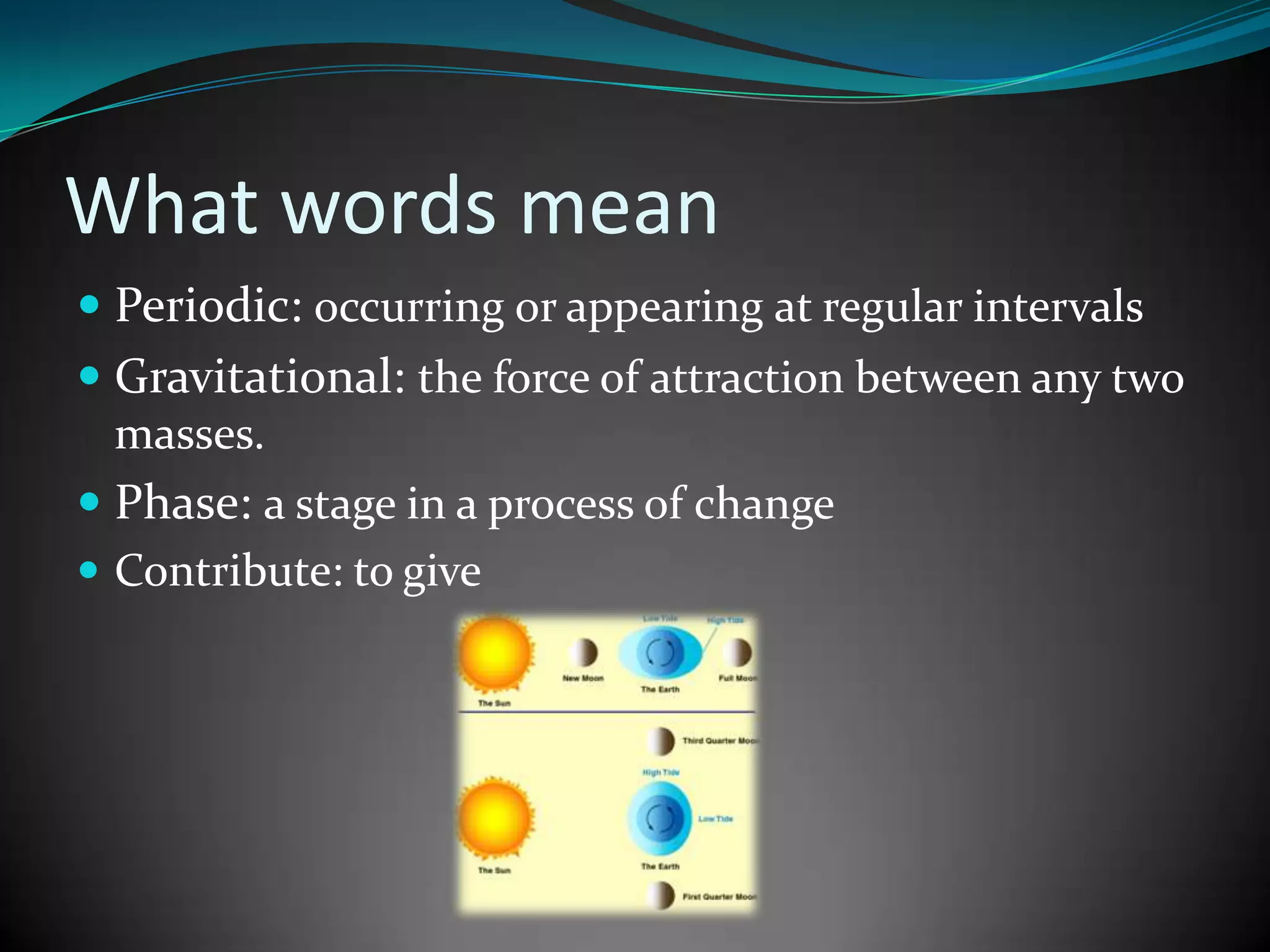 What words mean
 Periodic: occurring or appearing at regular intervals
 Gravitational: the force of attraction between any two
  masses.
 Phase: a stage in a process of change
 Contribute: to give
 