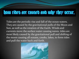 Tides are the periodic rise and fall of the ocean waters.
They are caused by the gravitational pulls of the Moon and
Sun, as well as the rotation of the Earth. Winds and
currents move the surface water causing waves. tides are
most likely caused by the gravitational pull and shifting of
the moon causing all oceans, creeks, lakes, to form tides
and pull the water back and forth.
 