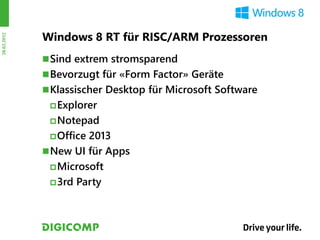 Windows 8 RT für RISC/ARM Prozessoren
28.03.2012




              Sind extrem stromsparend
              Bevorzugt für «Form Factor» Geräte
              Klassischer Desktop für Microsoft Software
               Explorer

               Notepad

               Office 2013
              New UI für Apps
                Microsoft

                3rd Party
 