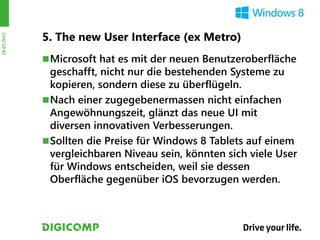 5. The new User Interface (ex Metro)
28.03.2012




              Microsoft hat es mit der neuen Benutzeroberfläche
               geschafft, nicht nur die bestehenden Systeme zu
               kopieren, sondern diese zu überflügeln.
              Nach einer zugegebenermassen nicht einfachen
               Angewöhnungszeit, glänzt das neue UI mit
               diversen innovativen Verbesserungen.
              Sollten die Preise für Windows 8 Tablets auf einem
               vergleichbaren Niveau sein, könnten sich viele User
               für Windows entscheiden, weil sie dessen
               Oberfläche gegenüber iOS bevorzugen werden.
 