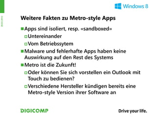 Weitere Fakten zu Metro-style Apps
28.03.2012




              Apps sind isoliert, resp. «sandboxed»
               Untereinander

               Vom   Betriebssytem
              Malware und fehlerhafte Apps haben keine
               Auswirkung auf den Rest des Systems
              Metro ist die Zukunft!
                Oder können Sie sich vorstellen ein Outlook mit
                 Touch zu bedienen?
                Verschiedene Hersteller kündigen bereits eine
                 Metro-style Version ihrer Software an
 