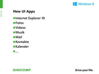 New UI Apps
28.03.2012




              Internet Explorer 10
              Fotos
              Videos
              Musik
              Mail
              Kontakte
              Kalender
             …
 