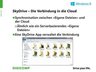 SkyDrive – Die Verbindung in die Cloud
28.03.2012




              Synchronisation zwischen «Eigene Dateien» und
               der Cloud
                Ähnlich wie ein Serverbasierendes «Eigene
                 Dateien»
              Eine SkyDrive App verwaltet die Verbindung
 