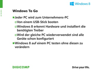 Windows To Go
03.10.2012




              Jeder PC wird zum Unternehmens-PC
               Von  einem USB-Stick booten
                Windows 8 erkennt Hardware und installiert die
                 benötigten Treiber
                Wird der gleiche PC wiederverwendet sind alle
                 Geräte schon konfiguriert
              Windows 8 auf einem PC testen ohne diesen zu
               verändern
 