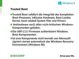 Trusted Boot
03.10.2012




              Trusted Boot validiert die Integrität des kompletten
               Boot-Prozesses, inklusive Hardware, Boot Loader,
               Kernel, boot-related System files und Drivers.
              Antimalware vor(!) allen nicht-kritischen Windows-
               Komponenten geladen.
              Die UEFI 2.3.1 Firmware authentisiert Windows
               Boot-Komponenten.
              Ist eine Komponente nicht korrekt von Microsoft
               signiert startet automatisch das Windows Recovery
               Environment (Windows RE)
 