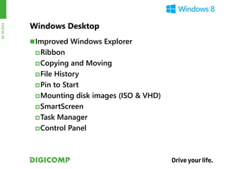 Windows Desktop
03.10.2012




              Improved Windows Explorer
               Ribbon

               Copying   and Moving
               File History

               Pin to Start

               Mounting disk images (ISO & VHD)

               SmartScreen

               Task Manager

               Control Panel
 