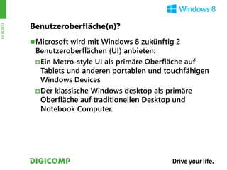 Benutzeroberfläche(n)?
03.10.2012




              Microsoft wird mit Windows 8 zukünftig 2
              Benutzeroberflächen (UI) anbieten:
               Ein Metro-style UI als primäre Oberfläche auf
                Tablets und anderen portablen und touchfähigen
                Windows Devices
               Der klassische Windows desktop als primäre
                Oberfläche auf traditionellen Desktop und
                Notebook Computer.
 