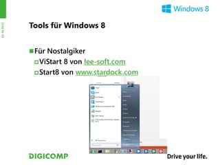 Tools für Windows 8
03.10.2012




              Für Nostalgiker
               ViStart 8 von lee-soft.com
               Start8 von www.stardock.com
 