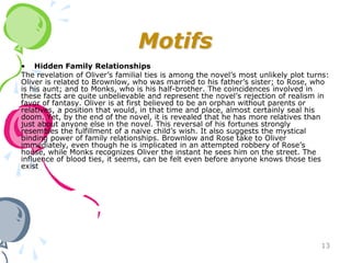 Motifs
• Hidden Family Relationships
The revelation of Oliver’s familial ties is among the novel’s most unlikely plot turns:
Oliver is related to Brownlow, who was married to his father’s sister; to Rose, who
is his aunt; and to Monks, who is his half-brother. The coincidences involved in
these facts are quite unbelievable and represent the novel’s rejection of realism in
favor of fantasy. Oliver is at first believed to be an orphan without parents or
relatives, a position that would, in that time and place, almost certainly seal his
doom. Yet, by the end of the novel, it is revealed that he has more relatives than
just about anyone else in the novel. This reversal of his fortunes strongly
resembles the fulfillment of a naïve child’s wish. It also suggests the mystical
binding power of family relationships. Brownlow and Rose take to Oliver
immediately, even though he is implicated in an attempted robbery of Rose’s
house, while Monks recognizes Oliver the instant he sees him on the street. The
influence of blood ties, it seems, can be felt even before anyone knows those ties
exist




                                                                                    13
 