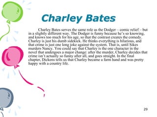 Charley Bates
       Charley Bates serves the same role as the Dodger – comic relief – but
in a slightly different way. The Dodger is funny because he‘s so knowing,
and knows too much for his age, so that the contrast creates the comedy.
Charley is just his dumb sidekick. He thinks everything is hilarious, and
that crime is just one long joke against the system. That is, until Sikes
murders Nancy. You could say that Charley is the one character in the
novel that undergoes a major change: after the murder, Charley decides that
crime isn‘t actually so funny after all, and goes straight. In the final
chapter, Dickens tells us that Charley became a farm hand and was pretty
happy with a country life.




                                                                         29
 