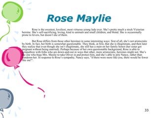 Rose Maylie
         Rose is the sweetest, loveliest, most virtuous young lady ever. She‘s pretty much a stock Victorian
heroine. She‘s self-sacrificing, loving, kind to animals and small children, and blond. She is occasionally
prone to fevers, but doesn‘t die of them.

         But Rose differs from those other heroines in some interesting ways: first of all, she‘s not aristocratic
by birth. In fact, her birth is somewhat questionable. They think, at first, that she is illegitimate, and then later
they realize that even though she isn‘t illegitimate, she still has a stain on her family honor (her sister got
pregnant without being married). Perhaps because of her own questionable background, Rose is able to
sympathize with folks who are down-and-out in ways that other, more aristocratic, heroines might not. She‘s
the one who begs Mrs. Maylie to take Oliver in and protect him, and she‘s able to pity Nancy, rather than
condemn her. In response to Rose‘s sympathy, Nancy says, "if there were more like you, there would be fewer
like me!―.




                                                                                                                 33
 