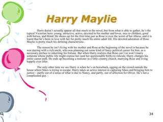 Harry Maylie
         Harry doesn‘t actually appear all that much in the novel, but from what is able to gather, he‘s the
typical Victorian hero: young, attractive, active, devoted to his mother and lover, nice to children, good
with horses, and blond. He shows up for the first time just as Rose is over the worst of her illness, and it is
learnt that he‘s been in love with her for pretty much his entire adult life. His devoted adoration of Rose
Maylie is pretty much his defining characteristic.
         The reason he isn‘t living with his mother and Rose at the beginning of the novel is because he
was staying with a rich uncle, who was planning out some kind of fancy political career for him, as a
necessary preface to inheriting his fortune. But when Harry realizes that Rose can‘t or won‘t marry
someone whose public life might expose her (and her questionable birth) to ridicule, Harry changes his
entire career path. He ends up becoming a minister in a little country church, marrying Rose and living
happily ever after.
         The only other time we see Harry is when he‘s on horseback, egging on the crowd outside the
house where Sikes is trying to escape. Harry takes an active interest in capturing Sikes and bringing him to
justice – partly out of a sense of what is due to Nancy, and partly, out of affection for Oliver. He‘s not a
complicated guy.




                                                                                                            34
 
