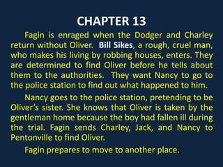 CHAPTER 13
Fagin is enraged when the Dodger and Charley
return without Oliver. Bill Sikes, a rough, cruel man,
who makes his living by robbing houses, enters. They
are determined to find Oliver before he tells about
them to the authorities. They want Nancy to go to
the police station to find out what happened to him.
Nancy goes to the police station, pretending to be
Oliver’s sister. She knows that Oliver is taken by the
gentleman home because the boy had fallen ill during
the trial. Fagin sends Charley, Jack, and Nancy to
Pentonville to find Oliver.
Fagin prepares to move to another place.
 