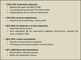 • 1750-1792: Aceleración industrial
• Máquina de vapor de Watt (1769)
• “La riqueza de las naciones” de Adam Smith
• Independencia de las colonias americanas
• 1792-1815: Guerras napoleónicas
• Industrias de armamentos, naval y textil
• 1815-1851: De Waterloo a La Gran Exposición
• Desarrollo del ferrocarril
• Gran exposición de los americanos (segadora McCormick, máquina de
coser y revólver Colt)
• 1851-1871: Luchas nacionalistas
• Guerras civil americana y europeas
• “Principios de Economía política” de John Stuart
• 1871-1900: Época del materialismo
• Electricidad e industria química
• Motor de combustión interna
 