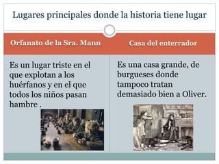 Orfanato de la Sra. Mann Casa del enterrador
Es una casa grande, de
burgueses donde
tampoco tratan
demasiado bien a Oliver.
Lugares principales donde la historia tiene lugar
Es un lugar triste en el
que explotan a los
huérfanos y en el que
todos los niños pasan
hambre .
 