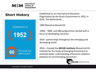 Short History Established as an International Education 
Organization by the Dutch Government in 1952, in 
Delft, The Netherlands 
1989 Moved to Maastricht 
1990s – MBA and DBA programmes started with a 
focus on developing countries 
2014 - partnerships throughout the emerging and 
developing world 
2014 – Created the MEUSE-Institute (Maastricht EU 
Institute for the Study of Emerging Economies) to 
promote better understanding of business relations 
between EU and Emerging Economies 
 