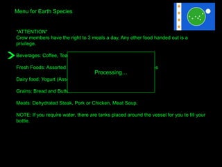 Menu for Earth Species
*ATTENTION*
Crew members have the right to 3 meals a day. Any other food handed out is a
privilege.
Beverages: Coffee, Tea, Lemonade or Orange Juice
Fresh Foods: Assorted Earth Fruits or Assorted Earth Vegetables
Dairy food: Yogurt (Assorted Flavors) or Crackers and Cheese
Grains: Bread and Butter
Meats: Dehydrated Steak, Pork or Chicken, Meat Soup.
NOTE: If you require water, there are tanks placed around the vessel for you to fill your
bottle.
Are you sure?ʰǳԲ…
 