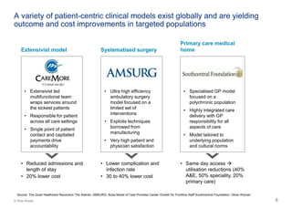 6© Oliver Wyman 6
A variety of patient-centric clinical models exist globally and are yielding
outcome and cost improvements in targeted populations
• Extensivist led
multifunctional team
wraps services around
the sickest patients
• Responsible for patient
across all care settings
• Single point of patient
contact and capitated
payments drive
accountability
• Ultra high efficiency
ambulatory surgery
model focused on a
limited set of
interventions
• Exploits techniques
borrowed from
manufacturing
• Very high patient and
physician satisfaction
• Reduced admissions and
length of stay
• 20% lower cost
• Lower complication and
infection rate
• 30 to 40% lower cost
• Specialised GP model
focused on a
polychronic population
• Highly integrated care
delivery with GP
responsibility for all
aspects of care
• Model tailored to
underlying population
and cultural norms
Extensivist model Systematised surgery
Primary care medical
home
• Same day access 
utilisation reductions (40%
A&E, 50% speciality, 20%
primary care)
Source: The Quiet Healthcare Revolution The Atlantic; AMSURG; Nuka Model of Care Provides Career Growth for Frontline Staff Southcentral Foundation; Oliver Wyman
 