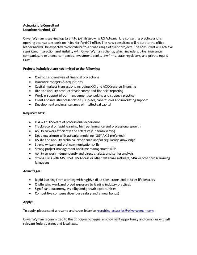 Oliver Wyman Hartford Life Actuarial Positions