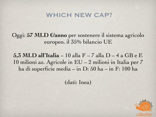WHICH NEW CAP?
Oggi: 57 MLD €/anno per sostenere il sistema agricolo
europeo, il 35% bilancio UE
5,3 MLD all’Italia – 10 alla F – 7 alla D – 4 a GB e E
10 milioni az. Agricole in EU – 2 milioni in Italia per 7
ha di superﬁcie media – in D: 50 ha – in F: 100 ha
(dati: Inea)
 