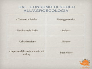 DAL  CONSUMO DI SUOLO
ALL’AGROECOLOGIA
+ Cemento e Asfalto - Paesaggio storico
+ Perdita suolo fertile - Bellezza
+ Urbanizzazione - Turismo
+ Impermeabilizzazione suoli / soil
sealing
- Buon vivere
 