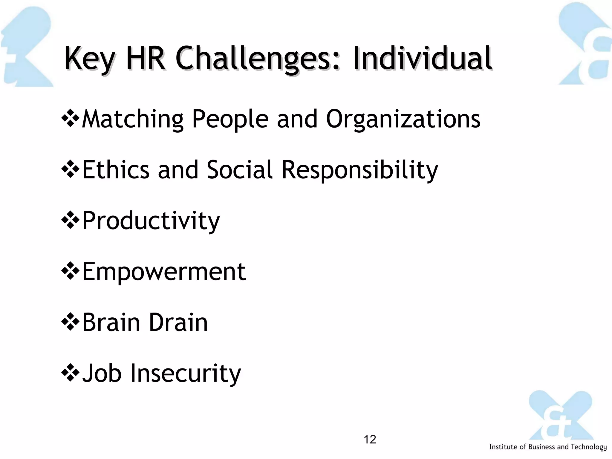 Matching People and Organizations Ethics and Social Responsibility Productivity Empowerment Brain Drain Job Insecurity Key HR Challenges: Individual 