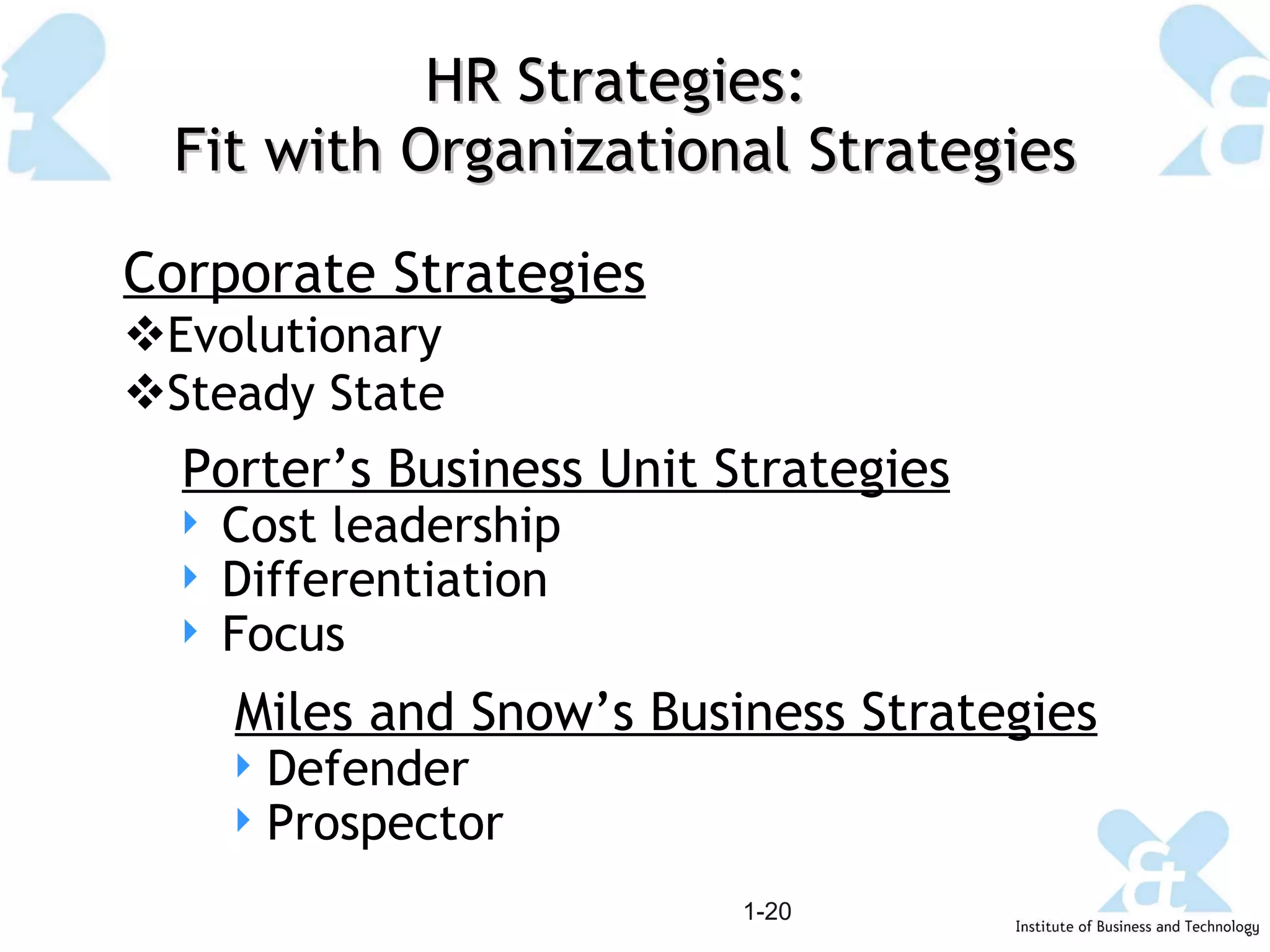 HR Strategies:  Fit with Organizational Strategies Corporate Strategies Evolutionary Steady State 1- Porter’s Business Unit Strategies Cost leadership Differentiation Focus Miles and Snow’s Business Strategies Defender Prospector 