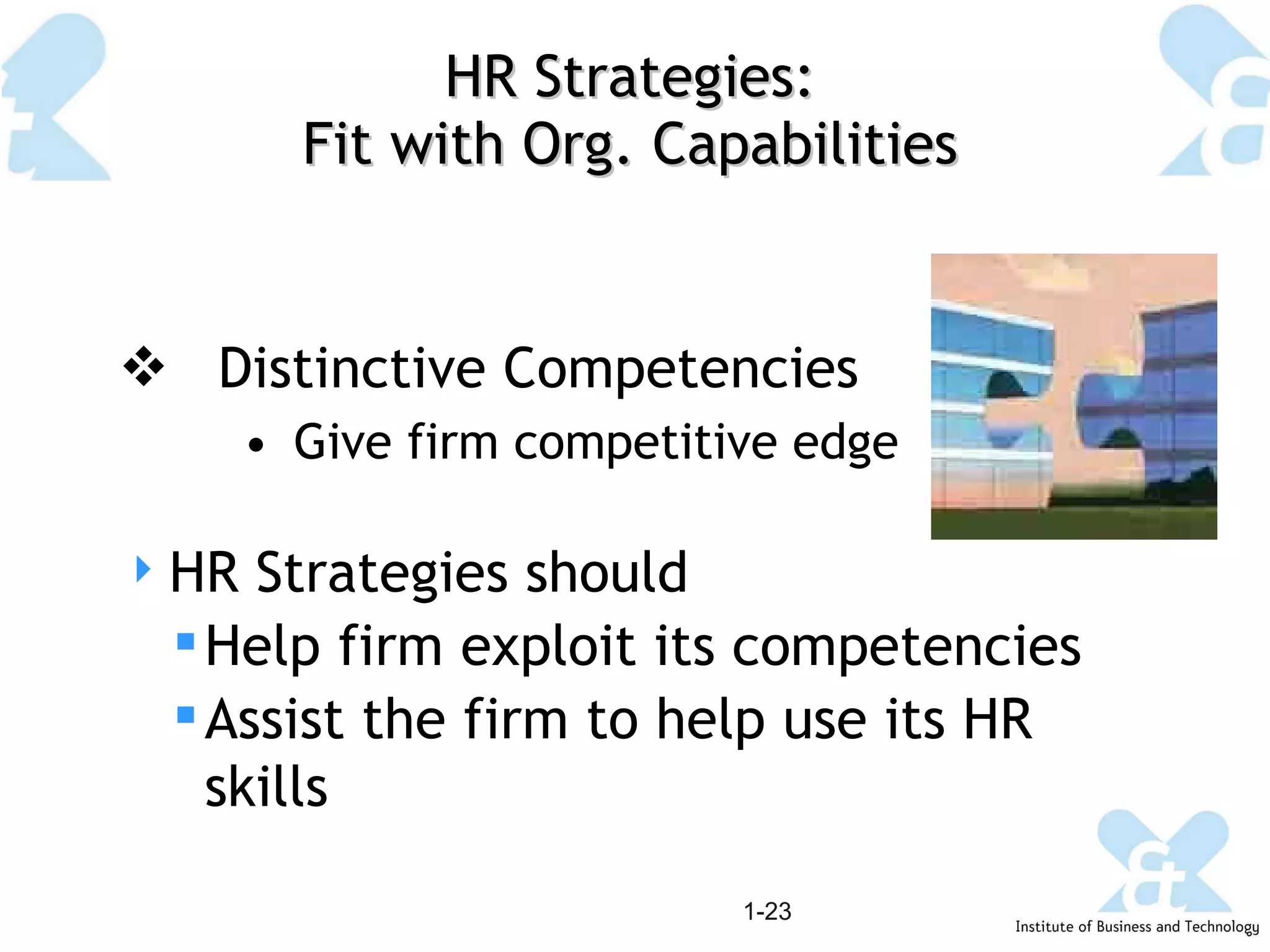 HR Strategies: Fit with Org. Capabilities Distinctive Competencies Give firm competitive edge 1- HR Strategies should  Help firm exploit its competencies Assist the firm to help use its HR skills 