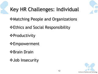 Matching People and Organizations Ethics and Social Responsibility Productivity Empowerment Brain Drain Job Insecurity Key HR Challenges: Individual 