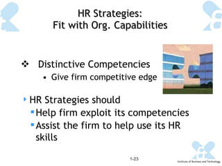 HR Strategies: Fit with Org. Capabilities Distinctive Competencies Give firm competitive edge 1- HR Strategies should  Help firm exploit its competencies Assist the firm to help use its HR skills 
