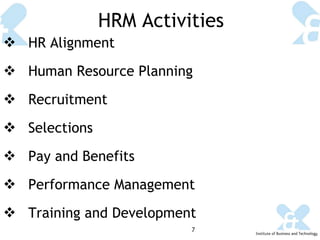HRM Activities HR Alignment Human Resource Planning Recruitment Selections Pay and Benefits Performance Management Training and Development 