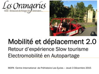 Mobilité et déplacement 2.0
Retour d’expérience Slow tourisme
Electromobilité en Autopartage
MOPA Centre International de Préhistoire Les Eyzies – Jeudi 3 Décembre 2015
 