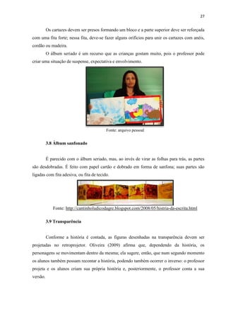27
Os cartazes devem ser presos formando um bloco e a parte superior deve ser reforçada
com uma fita forte; nessa fita, deve-se fazer alguns orifícios para unir os cartazes com anéis,
cordão ou madeira.
O álbum seriado é um recurso que as crianças gostam muito, pois o professor pode
criar uma situação de suspense, expectativa e envolvimento.
Fonte: arquivo pessoal
3.8 Álbum sanfonado
É parecido com o álbum seriado, mas, ao invés de virar as folhas para trás, as partes
são desdobradas. É feito com papel cartão e dobrado em forma de sanfona; suas partes são
ligadas com fita adesiva, ou fita de tecido.
Fonte: http://cantinholudicodagre.blogspot.com/2008/05/histria-da-escrita.html
3.9 Transparência
Conforme a história é contada, as figuras desenhadas na transparência devem ser
projetadas no retroprojetor. Oliveira (2009) afirma que, dependendo da história, os
personagens se movimentam dentro da mesma; ela sugere, então, que num segundo momento
os alunos também possam recontar a história, podendo também ocorrer o inverso: o professor
projeta e os alunos criam sua própria história e, posteriormente, o professor conta a sua
versão.
 