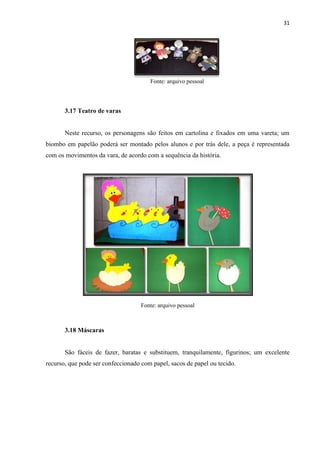 31
Fonte: arquivo pessoal
3.17 Teatro de varas
Neste recurso, os personagens são feitos em cartolina e fixados em uma vareta; um
biombo em papelão poderá ser montado pelos alunos e por trás dele, a peça é representada
com os movimentos da vara, de acordo com a sequência da história.
Fonte: arquivo pessoal
3.18 Máscaras
São fáceis de fazer, baratas e substituem, tranquilamente, figurinos; um excelente
recurso, que pode ser confeccionado com papel, sacos de papel ou tecido.
 