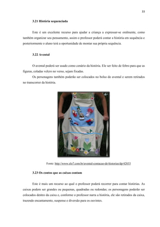 33
3.21 História sequenciada
Este é um excelente recurso para ajudar a criança a expressar-se oralmente, como
também organizar seu pensamento, assim o professor poderá contar a história em sequência e
posteriormente o aluno terá a oportunidade de montar sua própria sequência.
3.22 Avental
O avental poderá ser usado como cenário da história. Ele ser feito de feltro para que as
figuras, coladas velcro no verso, sejam fixadas.
Os personagens também poderão ser colocados no bolso do avental e serem retirados
no transcorrer da história.
Fonte: http://www.elo7.com.br/avental-contacao-de-historias/dp/42833
3.23 Os contos que as caixas contam
Este é mais um recurso ao qual o professor poderá recorrer para contar histórias. As
caixas podem ser grandes ou pequenas, quadradas ou redondas; os personagens poderão ser
colocados dentro da caixa e, conforme o professor narra a história, ele são retirados da caixa,
trazendo encantamento, suspense e diversão para os ouvintes.
 