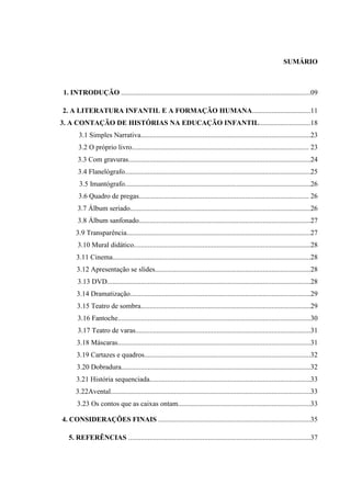 SUMÁRIO
1. INTRODUÇÃO ...........................................................................................................09
2. A LITERATURA INFANTIL E A FORMAÇÃO HUMANA.................................11
3. A CONTAÇÃO DE HISTÓRIAS NA EDUCAÇÃO INFANTIL.............................18
3.1 Simples Narrativa................................................................................................23
3.2 O próprio livro.................................................................................................... 23
3.3 Com gravuras.......................................................................................................24
3.4 Flanelógrafo.........................................................................................................25
3.5 Imantógrafo.........................................................................................................26
3.6 Quadro de pregas................................................................................................ 26
3.7 Álbum seriado......................................................................................................26
3.8 Álbum sanfonado.................................................................................................27
3.9 Transparência........................................................................................................27
3.10 Mural didático....................................................................................................28
3.11 Cinema................................................................................................................28
3.12 Apresentação se slides........................................................................................28
3.13 DVD...................................................................................................................28
3.14 Dramatização......................................................................................................29
3.15 Teatro de sombra................................................................................................29
3.16 Fantoche.............................................................................................................30
3.17 Teatro de varas...................................................................................................31
3.18 Máscaras.............................................................................................................31
3.19 Cartazes e quadros..............................................................................................32
3.20 Dobradura...........................................................................................................32
3.21 História sequenciada...........................................................................................33
3.22Avental.................................................................................................................33
3.23 Os contos que as caixas ontam...........................................................................33
4. CONSIDERAÇÕES FINAIS ......................................................................................35
5. REFERÊNCIAS .......................................................................................................37
 