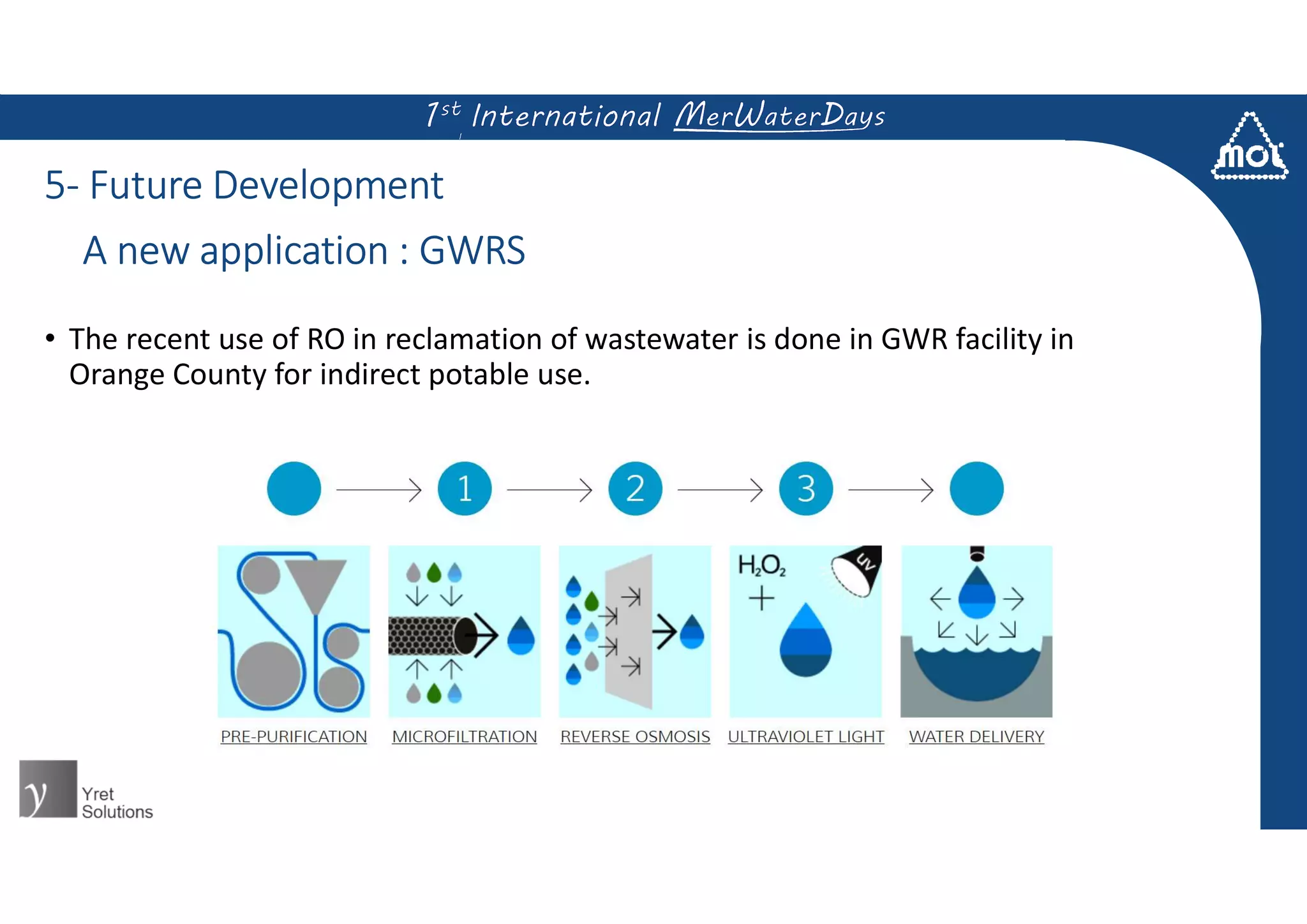 5- Future Development
• The recent use of RO in reclamation of wastewater is done in GWR facility in
Orange County for indirect potable use.
A new application : GWRS
 