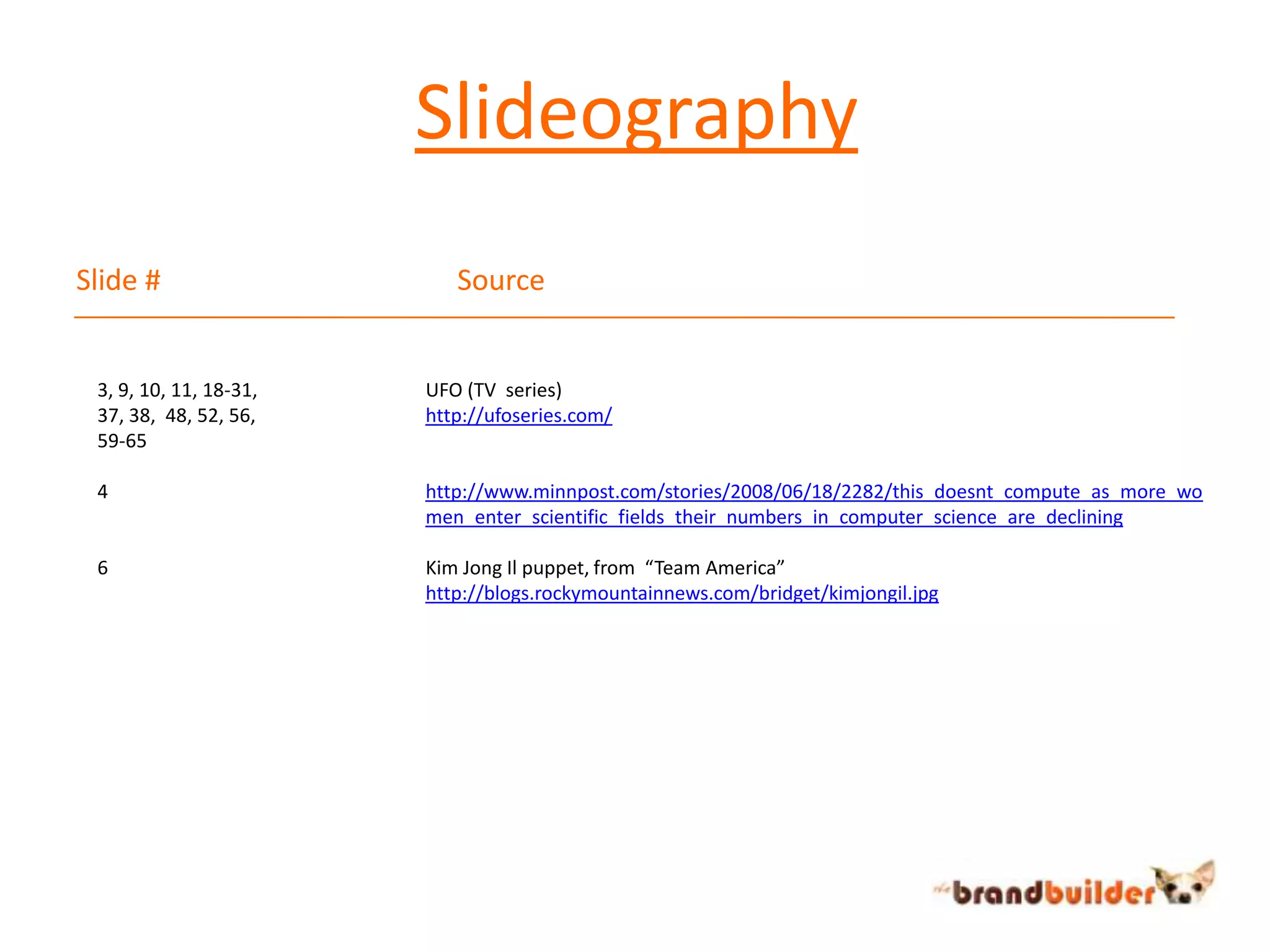 SlideographySlide #			Source3, 9, 10, 11, 18-31, 37, 38,  48, 52, 56,59-6546UFO (TV  series) http://ufoseries.com/http://www.minnpost.com/stories/2008/06/18/2282/this_doesnt_compute_as_more_women_enter_scientific_fields_their_numbers_in_computer_science_are_decliningKim Jong Il puppet, from  “Team America”http://blogs.rockymountainnews.com/bridget/kimjongil.jpg