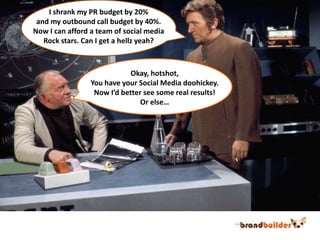 I shrank my PR budget by 20%<br />and my outbound call budget by 40%.<br />Now I can afford a team of social media<br />Ro...