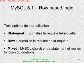 http://dasini.net/blog/


         MySQL 5.1 – Row based login


   Trois options de journalisation :

   ●   Statement : journalise la requête telle-quelle

   ●   Row : journalise le résultat de la requête

   ● Mixed : MySQL choisit entre statement et row en
   fonction du contexte.

                          Les nouveautés de MySQL 5.1              12
                  Olivier DASINI - http://dasini.net/blog - 2009
 