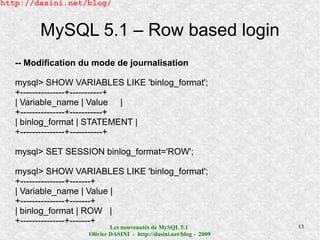 http://dasini.net/blog/


        MySQL 5.1 – Row based login
   -- Modification du mode de journalisation

   mysql> SHOW VARIABLES LIKE 'binlog_format';
   +---------------+-----------+
   | Variable_name | Value |
   +---------------+-----------+
   | binlog_format | STATEMENT |
   +---------------+-----------+

   mysql> SET SESSION binlog_format='ROW';

   mysql> SHOW VARIABLES LIKE 'binlog_format';
   +---------------+-------+
   | Variable_name | Value |
   +---------------+-------+
   | binlog_format | ROW |
   +---------------+-------+
                            Les nouveautés de MySQL 5.1              13
                    Olivier DASINI - http://dasini.net/blog - 2009
 