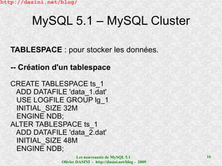 http://dasini.net/blog/


         MySQL 5.1 – MySQL Cluster

   TABLESPACE : pour stocker les données.

   -- Création d'un tablespace

   CREATE TABLESPACE ts_1
    ADD DATAFILE 'data_1.dat'
    USE LOGFILE GROUP lg_1
    INITIAL_SIZE 32M
    ENGINE NDB;
   ALTER TABLESPACE ts_1
    ADD DATAFILE 'data_2.dat'
    INITIAL_SIZE 48M
    ENGINE NDB;
                          Les nouveautés de MySQL 5.1              16
                  Olivier DASINI - http://dasini.net/blog - 2009
 