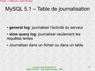 http://dasini.net/blog/


   MySQL 5.1 – Table de journalisation


    ●   general log: journaliser l'activité du serveur
    ● slow query log: journaliser seulement les
    requêtes lentes
    ●   Journaliser dans un fichier ou dans un table




                          Les nouveautés de MySQL 5.1              18
                  Olivier DASINI - http://dasini.net/blog - 2009
 