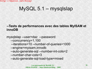 http://dasini.net/blog/


             MySQL 5.1 – mysqlslap


    --Tests de performances avec des tables MyISAM et
    innoDB

    mysqlslap --user=daz --password
      --concurrency=1,100
      --iterations=10 –number-of-queries=1000
      --engine=myisam,innodb
      --auto-generate-sql --number-int-cols=2
      --number-char-cols=3
      --auto-generate-sql-load-type=mixed
                          Les nouveautés de MySQL 5.1              26
                  Olivier DASINI - http://dasini.net/blog - 2009
 