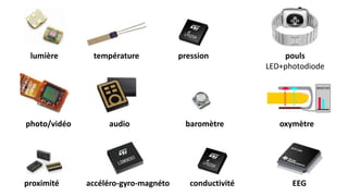 température
oxymètre
EEG
pouls
LED+photodiode
accéléro-gyro-magnéto
lumière
baromètrephoto/vidéo
proximité
pression
conductivité
audio
 