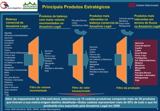 Cadeias Selecionadas
                                      Principais Produtos Estratégicos

                                   Produtos da balança                               Produtos mais                       Produtos mais
 Balança                                                                                                  Cana-de-açúcar
                                   com maior volume            Pecuária Bovina relevantes na              Mandioca
                                                                                                                         relevantes em
 comercial da                      movimentados na             Cobre                 balança comercial da Duas rodas     termos de fluxos
 Amazônia Legal                                                Ind.Elétrica e Eletr.                      Refrigerante
                                   Amazônia Legal                                    Amazônia Legal                      na Amazônia Legal

Algodão
Alimentos industrializados
Alumínio
Autopeças
Avicultura                                                                                                               Alumínio
Caulim                                                                                                                   Cana-de-açúcar
Cimento                                                                       Alumínio                                   Caulim
Cobre                                                                         Caulim                                     Cobre
                                        Alumínio
Duas Rodas (Motos/peças)                                                      Cobre                                      Duas Rodas
                                        Caulim
Ferro e aço                                                                   Ferro e aço                                Ferro e aço
                                        Ferro e aço
Fertilizantes                                                                 Fertilizantes                              Fertilizantes
                                        Fertilizantes
Fruticultura                                                                  Ind. Elétrica e Eletrônica                 Ind. Elétro-eletrônica
                                        Madeira
Ind.elétrica e eletrôn.                                                       Madeira                                    Madeira
                                        Manganês
Madeira                                                                       Manganês                                   Mandioca
                                        Milho
Manganês                                                                      Milho                                      Manganês
                                        Petróleo e derivados
Máquinas e Ferramentas                                                        Pecuária Bovina                            Milho
                                        Soja
Milho                                                                         Petróleo e derivados                       Pecuária Bovina
Ouro                                                                          Soja                                       Petróleo e derivados
Pecuária Bovina                                                                                                          Refrigerantes
Petróleo e derivados                                                                                                     Soja
Plásticos
Químicos
Sais e minerais            Filtro do volume                    Filtro do valor                             Filtro da produção
Soda cáustica              movimentado
Soja
                                                               transacionado
Trigo

 Além do mapeamento da infra-estrutura, selecionou-se 16 cadeias produtivas compondo mais de 50 produtos
 que tiveram a sua matriz-origem destino detalhada—Estas cadeias representam mais de 95% de tudo o que foi
                            produzido e/ou exportado pela Amazônia Legal em 2008
Fonte: MDIC/AliceWeb, IBGE, DNPM, Análise Macrologística.                                                                                         9
 