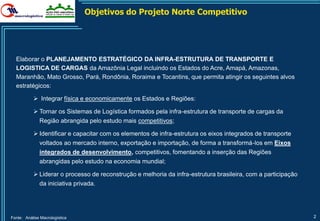 Objetivos do Projeto Norte Competitivo




  Elaborar o PLANEJAMENTO ESTRATÉGICO DA INFRA-ESTRUTURA DE TRANSPORTE E
  LOGISTICA DE CARGAS da Amazônia Legal incluindo os Estados do Acre, Amapá, Amazonas,
  Maranhão, Mato Grosso, Pará, Rondônia, Roraima e Tocantins, que permita atingir os seguintes alvos
  estratégicos:

            Integrar física e economicamente os Estados e Regiões:

            Tornar os Sistemas de Logística formados pela infra-estrutura de transporte de cargas da
              Região abrangida pelo estudo mais competitivos;

            Identificar e capacitar com os elementos de infra-estrutura os eixos integrados de transporte
              voltados ao mercado interno, exportação e importação, de forma a transformá-los em Eixos
              integrados de desenvolvimento, competitivos, fomentando a inserção das Regiões
              abrangidas pelo estudo na economia mundial;

            Liderar o processo de reconstrução e melhoria da infra-estrutura brasileira, com a participação
              da iniciativa privada.




Fonte: Análise Macrologística                                                                                  2
 